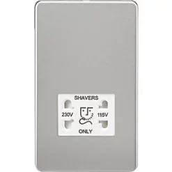 Knightsbridge SF8900BCW 2-Gang Dual Voltage Shaver Socket 115 V / 230V Brushed Chrome with White Inserts