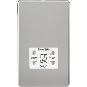 Knightsbridge SF8900BCW 2-Gang Dual Voltage Shaver Socket 115 V / 230V Brushed Chrome with White Inserts 3 Knightsbridge SF8900BCW 2-Gang Dual Voltage Shaver Socket 115 V / 230V Brushed Chrome with White Inserts