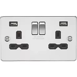 Knightsbridge FPR9224PC 13A 2-Gang SP Switched Socket + 2.4A 2-Outlet Type A USB Charger Polished Chrome with Black Inserts