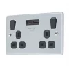 LAP 13A 2-Gang SP Switched Socket + 3.1A 2-Outlet Type A USB Charger Polished Chrome with Black Inserts