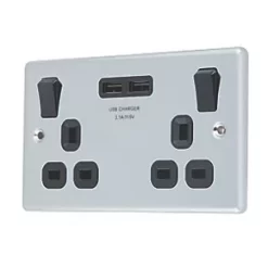 LAP 13A 2-Gang SP Switched Socket + 3.1A 2-Outlet Type A USB Charger Polished Chrome with Black Inserts