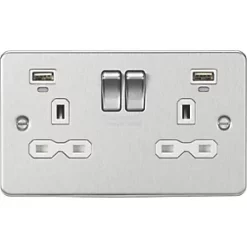 Knightsbridge FPR9904NBCW 13A 2-Gang SP Switched Socket + 2.4A 2-Outlet Type A USB Charger Brushed Chrome with White Inserts