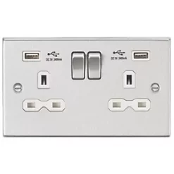 Knightsbridge CS9224BCW 13A 2-Gang SP Switched Socket + 2.4A 2-Outlet Type A USB Charger Brushed Chrome with White Inserts
