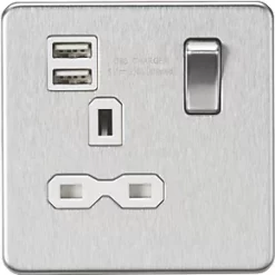 Knightsbridge SFR9124BCW 13A 1-Gang SP Switched Socket + 2.4A 2-Outlet Type A USB Charger Brushed Chrome with White Inserts
