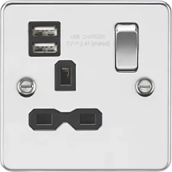 Knightsbridge FPR9124PC 13A 1-Gang SP Switched Socket + 2.1A 2-Outlet Type A USB Charger Polished Chrome with Black Inserts