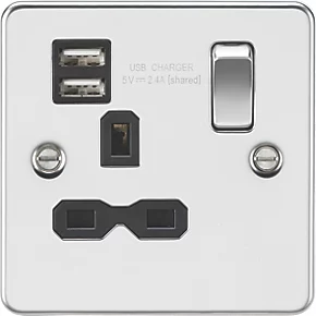 Knightsbridge FPR9124PC 13A 1-Gang SP Switched Socket + 2.1A 2-Outlet Type A USB Charger Polished Chrome with Black Inserts 3 Knightsbridge FPR9124PC 13A 1-Gang SP Switched Socket + 2.1A 2-Outlet Type A USB Charger Polished Chrome with Black Inserts