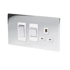 LAP 45A 2-Gang DP Cooker Switch & 13A DP Switched Socket Polished Chrome with White Inserts