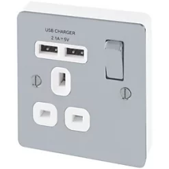 LAP 13A 1-Gang SP Switched Socket + 2.1A 2-Outlet Type A USB Charger Polished Chrome with White Inserts
