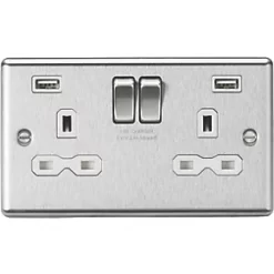 Knightsbridge CL9224BCW 13A 2-Gang SP Switched Socket + 2.4A 2-Outlet Type A USB Charger Brushed Chrome with White Inserts