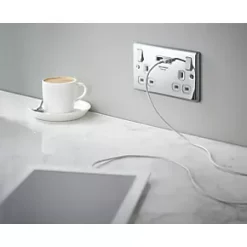 LAP 13A 2-Gang SP Switched Socket + 3.1A 2-Outlet Type A USB Charger Polished Chrome with White Inserts -Chrome Switches & Sockets Sales 7312P A4