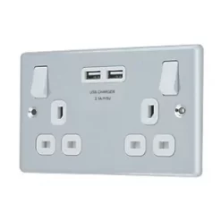 LAP 13A 2-Gang SP Switched Socket + 3.1A 2-Outlet Type A USB Charger Polished Chrome with White Inserts