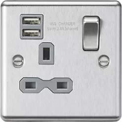 Knightsbridge CL9124BCG 13A 1-Gang SP Switched Socket + 2.4A 2-Outlet Type A USB Charger Brushed Chrome with Colour-Matched Inserts