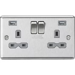 Knightsbridge CL9224BCG 13A 2-Gang SP Switched Socket + 2.4A 2-Outlet Type A USB Charger Brushed Chrome with Colour-Matched Inserts