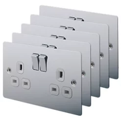 LAP 13A 2-Gang DP Switched Plug Socket Polished Chrome with White Inserts 5 Pack