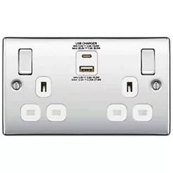British General Nexus 13A 2-Gang SP Switched Socket + 3A 2-Outlet Type A & C USB Charger Polished Chrome with White Inserts