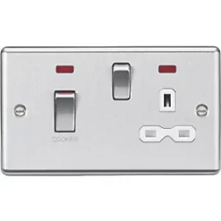 Knightsbridge CL83MNBCW 45 & 13A 2-Gang DP Cooker Switch & 13A DP Switched Socket Brushed Chrome with LED with White Inserts