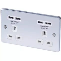 LAP 13A 2-Gang Unswitched Socket + 4.2A 4-Outlet Type A USB Charger Polished Chrome with White Inserts