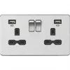Knightsbridge SFR9904NBC 13A 2-Gang SP Switched Socket + 2.4A 2-Outlet Type A USB Charger Brushed Chrome with Black Inserts -Chrome Switches & Sockets Sales 790TY P