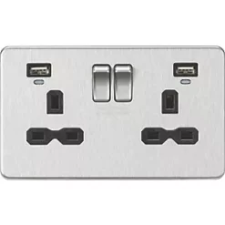Knightsbridge SFR9904NBC 13A 2-Gang SP Switched Socket + 2.4A 2-Outlet Type A USB Charger Brushed Chrome with Black Inserts