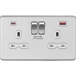 Knightsbridge SFR9909BCW 13A 2-Gang DP Switched Socket + 4.0A 2-Outlet Type A & C USB Charger Brushed Chrome with White Inserts