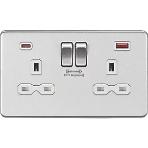 Knightsbridge SFR9909BCW 13A 2-Gang DP Switched Socket + 4.0A 2-Outlet Type A & C USB Charger Brushed Chrome with White Inserts 3 Knightsbridge SFR9909BCW 13A 2-Gang DP Switched Socket + 4.0A 2-Outlet Type A & C USB Charger Brushed Chrome with White Inserts