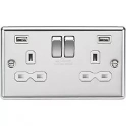 Knightsbridge CL9224PCW 13A 2-Gang SP Switched Socket + 2.4A 2-Outlet Type A USB Charger Polished Chrome with White Inserts