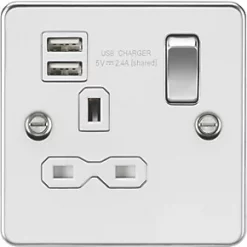Knightsbridge FPR9124PCW 13A 1-Gang SP Switched Socket + 2.4A 2-Outlet Type A USB Charger Polished Chrome with White Inserts