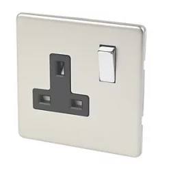 Varilight 13AX 1-Gang DP Switched Plug Socket Satin Chrome with Black Inserts