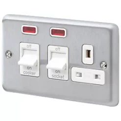 MK Albany Plus 45A 2-Gang DP Cooker Switch & 13A DP Switched Socket Brushed Chrome with Neon with White Inserts