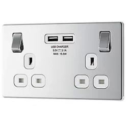 LAP 13A 2-Gang DP Switched Socket + 3.1A 2-Outlet Type A USB Charger Polished Chrome with White Inserts