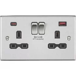 Knightsbridge CS9909BC 13A 2-Gang DP Switched Socket + 4.0A 2-Outlet Type A & C USB Charger Brushed Chrome with Black Inserts