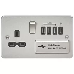 Knightsbridge FPR7USB4BC 13A 1-Gang SP Switched Socket + 5.1A 4-Outlet Type A USB Charger Brushed Chrome with Black Inserts