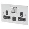 MK Edge 13A 2-Gang DP Switched Socket + 2A 2-Outlet Type A USB Charger Polished Chrome with Black Inserts -Chrome Switches & Sockets Sales 900HX P