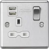 Knightsbridge CL9124BCW 13A 1-Gang SP Switched Socket + 2.4A 2-Outlet Type A USB Charger Brushed Chrome with White Inserts -Chrome Switches & Sockets Sales 902TY P