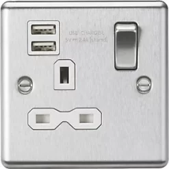 Knightsbridge CL9124BCW 13A 1-Gang SP Switched Socket + 2.4A 2-Outlet Type A USB Charger Brushed Chrome with White Inserts