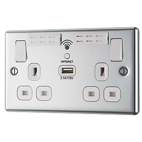 LAP 13A 2-Gang SP Switched Wi-Fi Extender Socket + 2.1A 1-Outlet Type A USB Charger Polished Chrome with White Inserts 3 LAP 13A 2-Gang SP Switched Wi-Fi Extender Socket + 2.1A 1-Outlet Type A USB Charger Polished Chrome with White Inserts