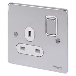 Schneider Electric Ultimate Low Profile 13A 1-Gang SP Switched Plug Socket Polished Chrome with White Inserts