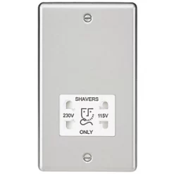 Knightsbridge CL89BCW 2-Gang Dual Voltage Shaver Socket 115 V / 230V Brushed Chrome with White Inserts