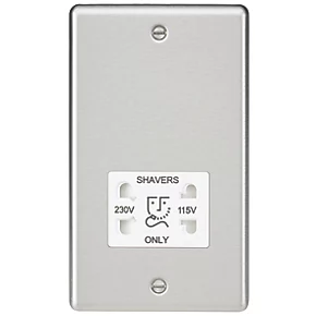 Knightsbridge CL89BCW 2-Gang Dual Voltage Shaver Socket 115 V / 230V Brushed Chrome with White Inserts 3 Knightsbridge CL89BCW 2-Gang Dual Voltage Shaver Socket 115 V / 230V Brushed Chrome with White Inserts