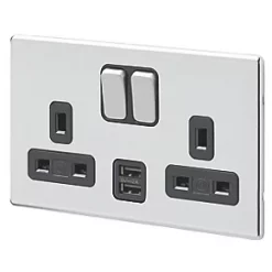 MK Aspect 13A 2-Gang DP Switched Socket + 2A 2-Outlet Type A USB Charger Polished Chrome with Black Inserts