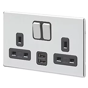 MK Aspect 13A 2-Gang DP Switched Socket + 2A 2-Outlet Type A USB Charger Polished Chrome with Black Inserts 3 MK Aspect 13A 2-Gang DP Switched Socket + 2A 2-Outlet Type A USB Charger Polished Chrome with Black Inserts