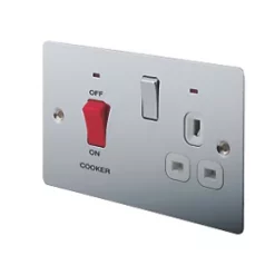 LAP 45A 2-Gang DP Cooker Switch & 13A DP Switched Socket Polished Chrome with LED with White Inserts