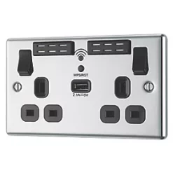 LAP 13A 2-Gang SP Switched Wi-Fi Extender Socket + 2.1A 1-Outlet Type A USB Charger Polished Chrome with Black Inserts