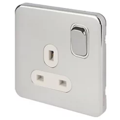 Schneider Electric Lisse Deco 13A 1-Gang SP Switched Plug Socket Polished Chrome with White Inserts