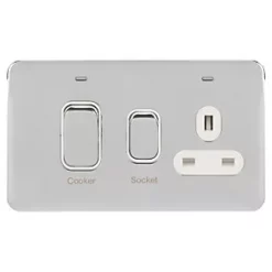 Schneider Electric Lisse Deco 45A 2-Gang DP Cooker Switch & 13A DP Switched Socket Polished Chrome with LED with White Inserts 7 Schneider Electric Lisse Deco 45A 2-Gang DP Cooker Switch & 13A DP Switched Socket Polished Chrome with LED with White Inserts -Chrome Switches & Sockets Sales 997FF A1