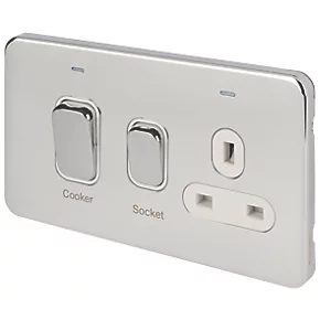Schneider Electric Lisse Deco 45A 2-Gang DP Cooker Switch & 13A DP Switched Socket Polished Chrome with LED with White Inserts 3 Schneider Electric Lisse Deco 45A 2-Gang DP Cooker Switch & 13A DP Switched Socket Polished Chrome with LED with White Inserts